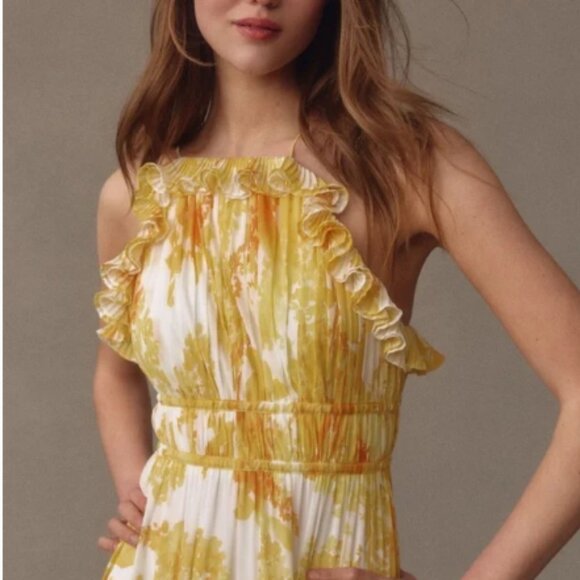 BHLDN Ava Chiffon Yellow Floral High-Neck Ruffled Maxi Dress - NWT! - Picture 4 of 10